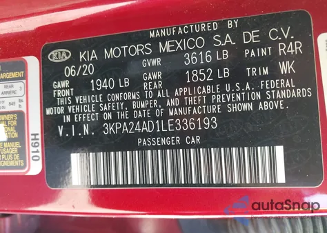 2020 Kia Rio S z USA, uszkodzony, nr VIN 3KPA24AD1LE336193